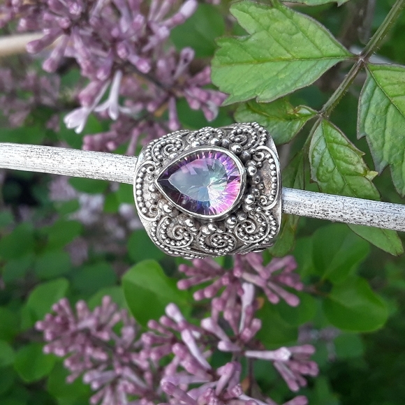 Mystic topaz Bali design Sterling silver teardrop ring sz 5.75 - Picture 4 of 12